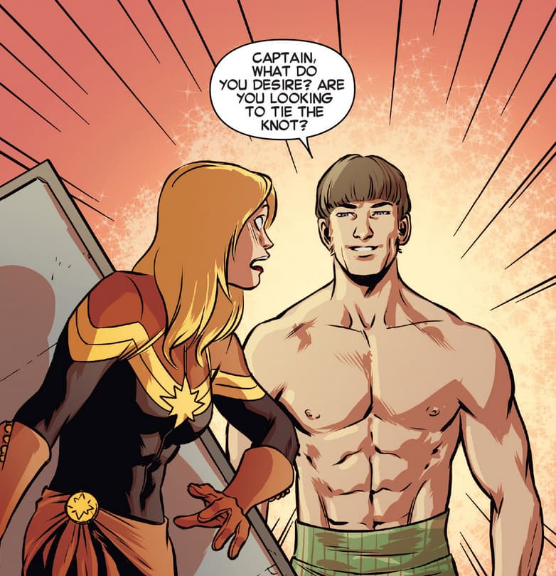 Carol Danvers sets her female gaze on a shirtless Prince Yan in Captain Marvel Vol. 8 #9 "Lila Cheney's Fantabulous Technicolor Rock Opera" (2014), Marvel Comics. Words by Kelly Sue DeConnick, art by David López, Lee Loughridge, and Joe Caramagna via digital issue