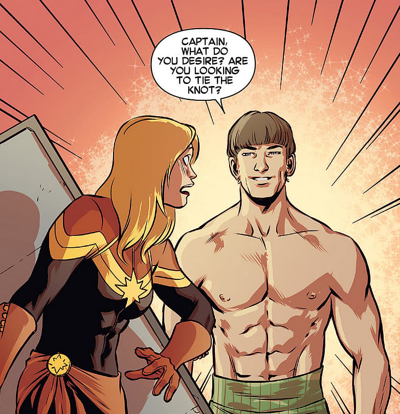 Carol Danvers eyes shirtless Prince Yan in Captain Marvel Vol. 8 #9 (2014), Marvel Comics