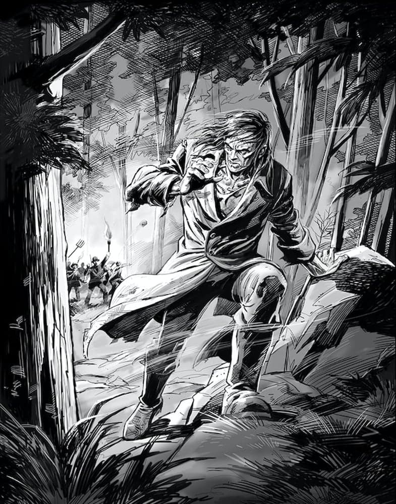 Villagers chase creature with torches