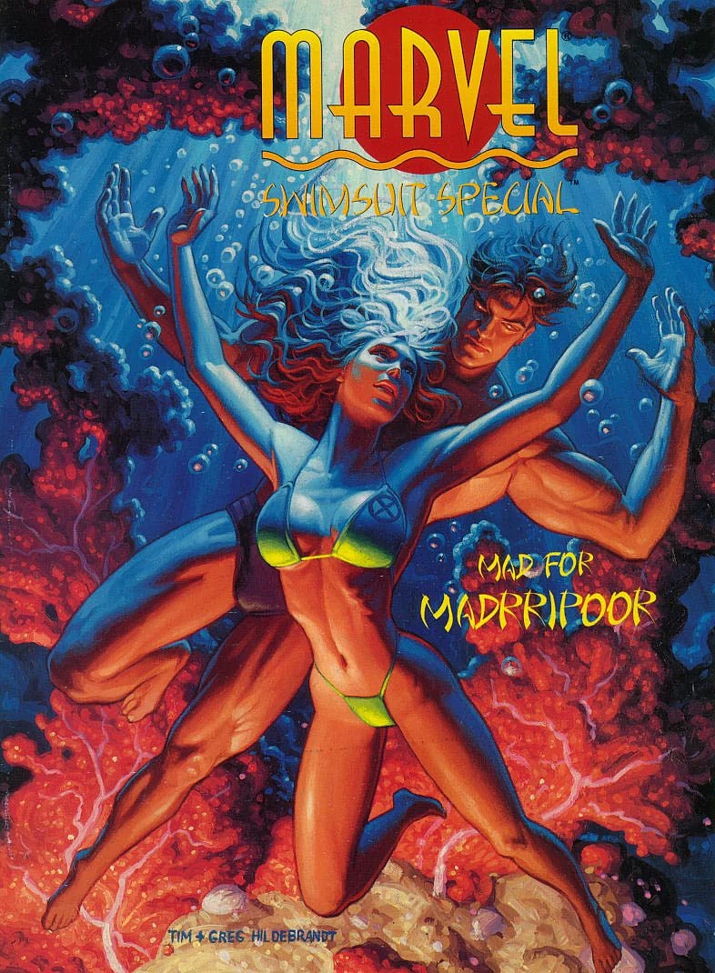 Rogue and Gambit take a moonlight swim on Tim Hildebrandt and Greg Hildebrandt's cover to Marvel Swimsuit Special Vol. 1 #4 "Mad for Madripoor" (1995), Marvel Comics