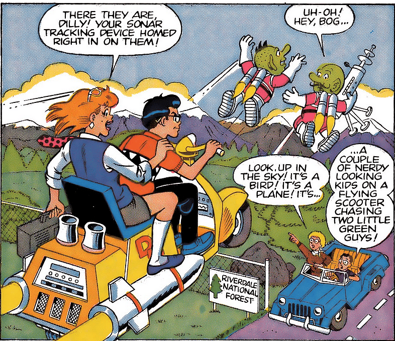 Dilton Doiley and Danni Malloy attempt to stop a pair of alien invaders in Dilton's Weird Science Vol. 1 #1 "Big Trouble In Space!" (1989), Archie Comics. Words by Mike Pellowski, art by Bill Golliher, Jon D'Agnosto, Mindy Eisman, and Barry Grossman.