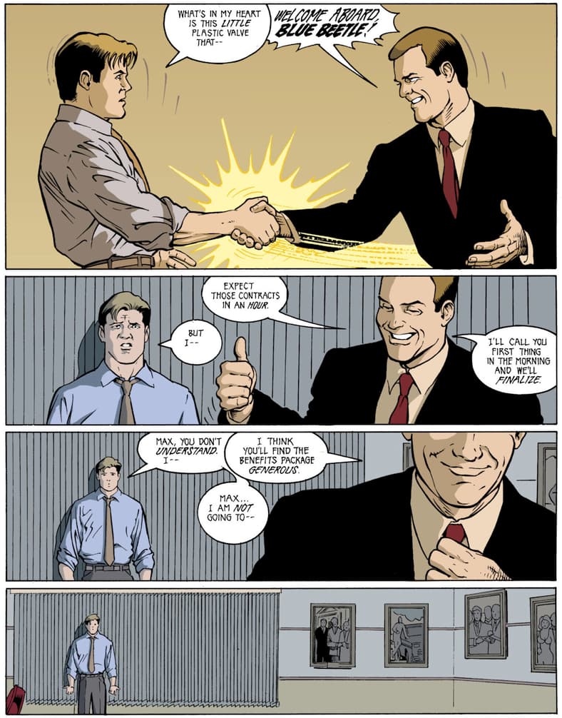 Maxwell Lord forcibly recruits Blue Beetle into his new 'Super Buddies' endeavor in Formerly Known as the Justice League Vol. 1 #1 "A[nother] New Beginning" (2003), DC. Words by Keith Giffen and J.M. DeMatteis, art by Kevin Maguire, Joe Rubinstein, Lee Loughridge, and Bob Lappan.