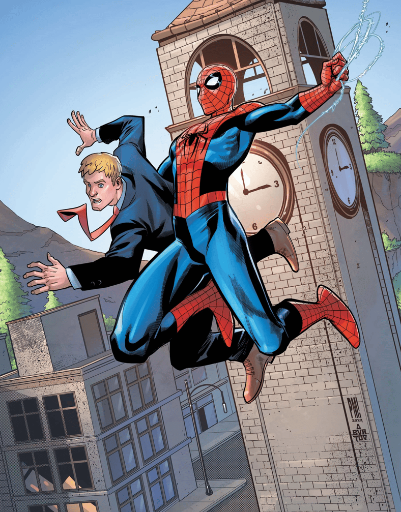 Spider-Man rescues Jonsey on Paco Medina's cover to Fortnite x Marvel: Zero War Vol. 1 #2 (2022)