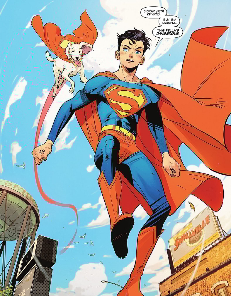 Superboy and Krypto confront Validus in Summer of Superman Special Vol. 1 #1 "The Past, The Present, The Future" (2025), DC. Words by Mark Waid, Dan Slott, and Joshua Williamson, art by Jorge Jiménez and Dave Sharpe.
