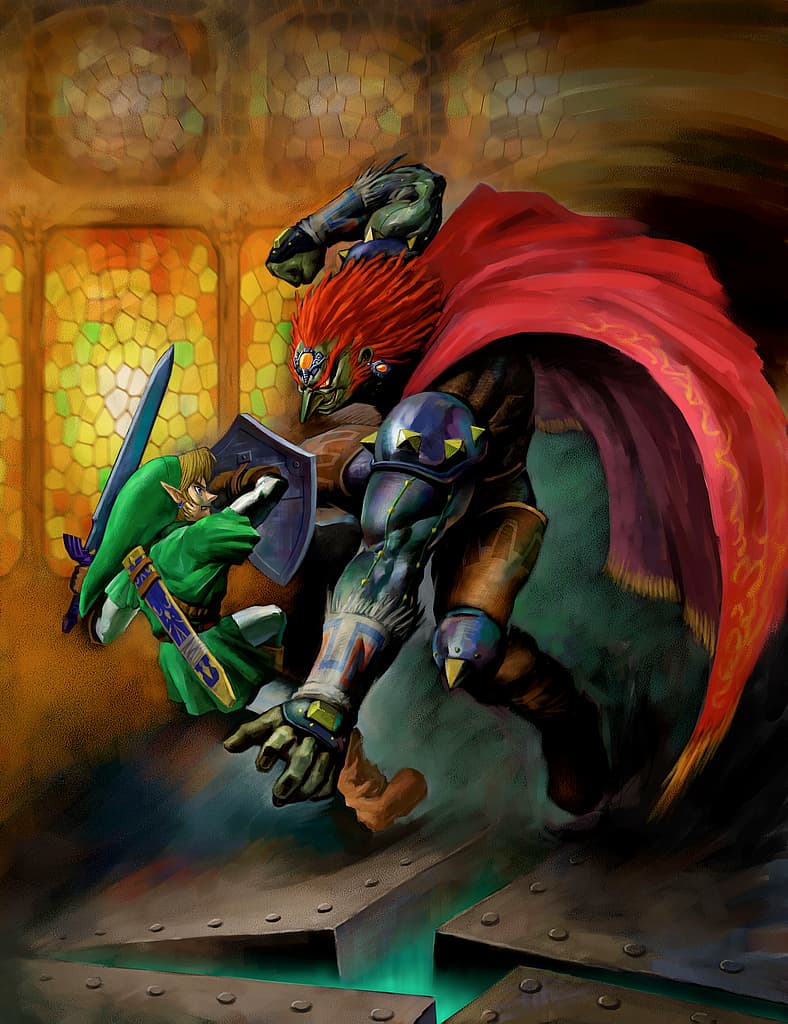 Link takes on Ganondorf in Yusuke Nakano's illustration for The Legend of Zelda: Ocarina of Time