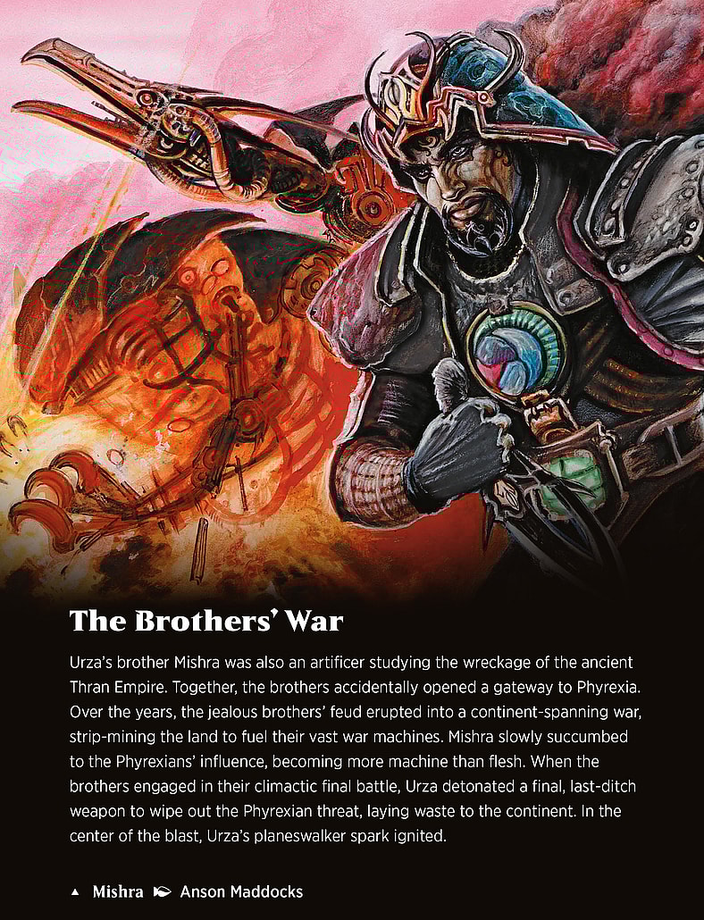 Mishra stands as the Phyrexians' commander during The Brothers' War in Magic: The Gathering: Planes of the Multiverse - A Visual History (2021), Wizards of the Coast. Words by Jay Annelli, art by Anson Maddocks.