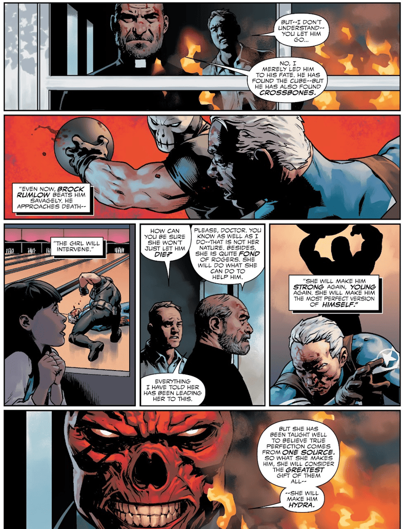 A disguised Red Skull explains to Dr. Selvig just why he left his arch-nemesis leave their latest confrontation alive in Captain America: Steve Rogers Vol. 1 #1 (2016), Marvel Comics. Words by Nick Spencer, art by Jesús Saíz and Joe Caramagna.