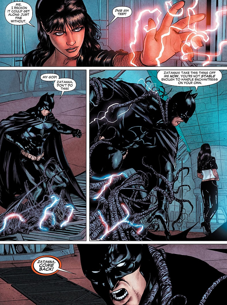 Zatanna ensures Batman won't interfere with the team's debut mission in Justice League Dark Vol. 1 #1 (2011), DC. Words by Peter Milligan, art by Mikel Janin, Ulises Arreola, and Rob Leigh.