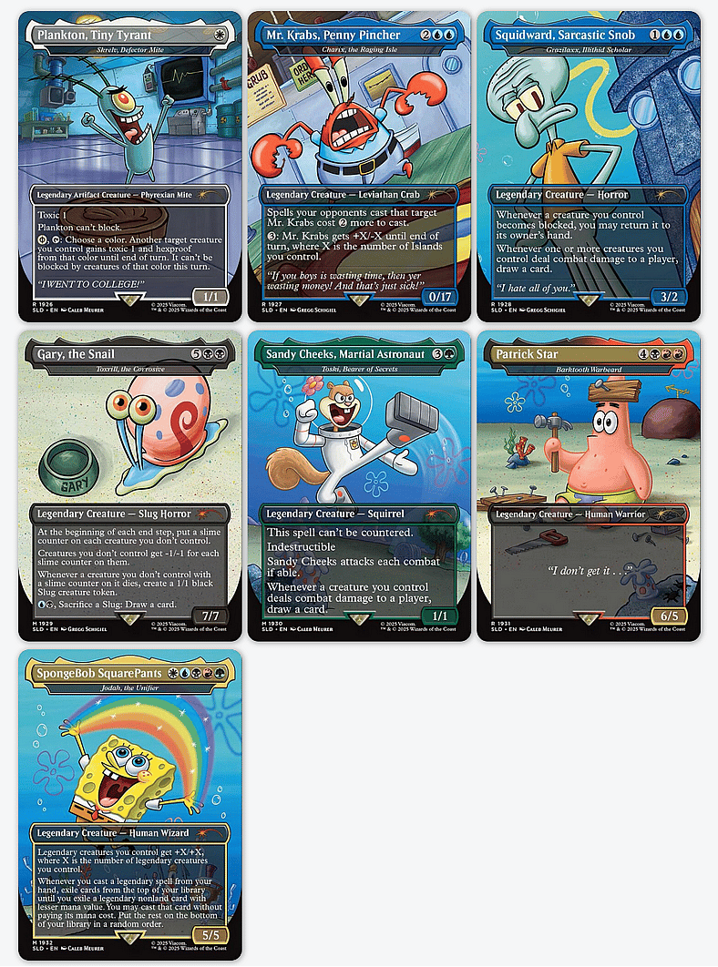 The cards included in Magic: The Gathering's 'SpongeBob SquarePants: Legends of Bikini Bottom' Secret Lair Drop release (2025), Wizards of the Coast