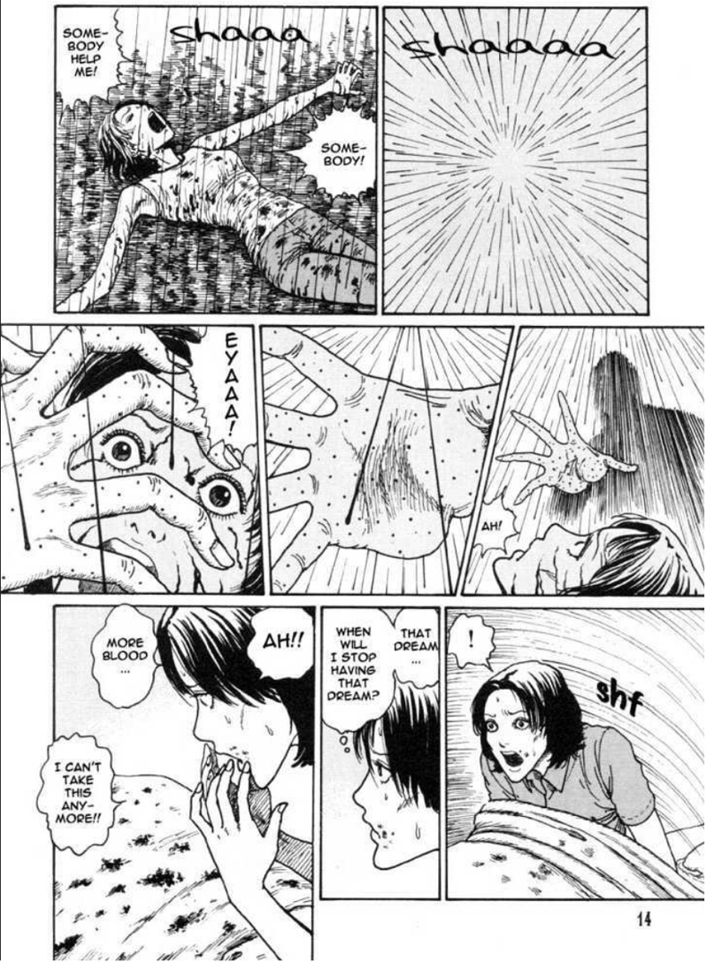 Nami experiences a blood-rain soaked, vampire-filled nightmare in Voices in the Dark Volume 1 Chapter 1 "Blood Slurping Darkness" (2002), Nemuki. Words and Art by Junji Ito