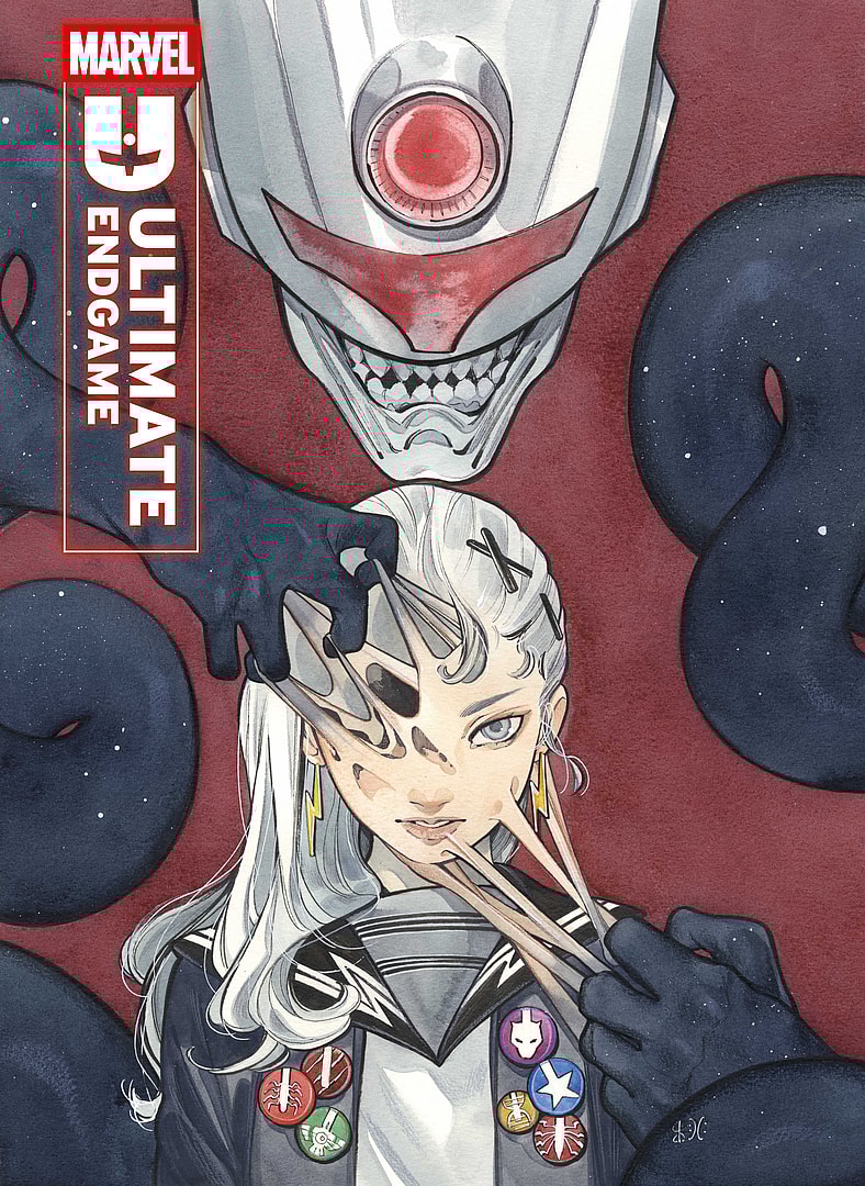 The Maker manipulates Maystorm on Peach Momoko's variant cover to Ultimate Endgame Vol. 1 #1 (2025), Marvel Comics