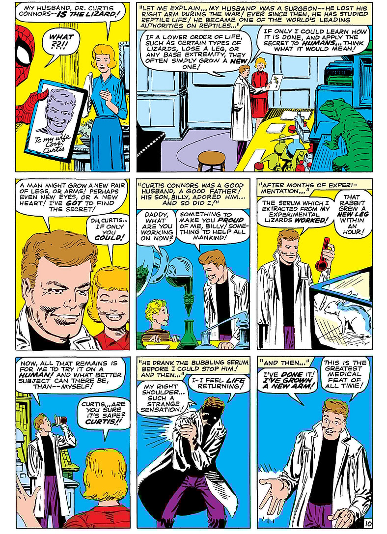 Spider-Man learns about The Lizard's tragic origins in Amazing Spider-Man Vol. 1 #6 "Face-to-Face with... the Lizard!" (1963), Marvel Comics. Words by Stan Lee and Steve Ditko, art by Steve Ditko and Art Simek.