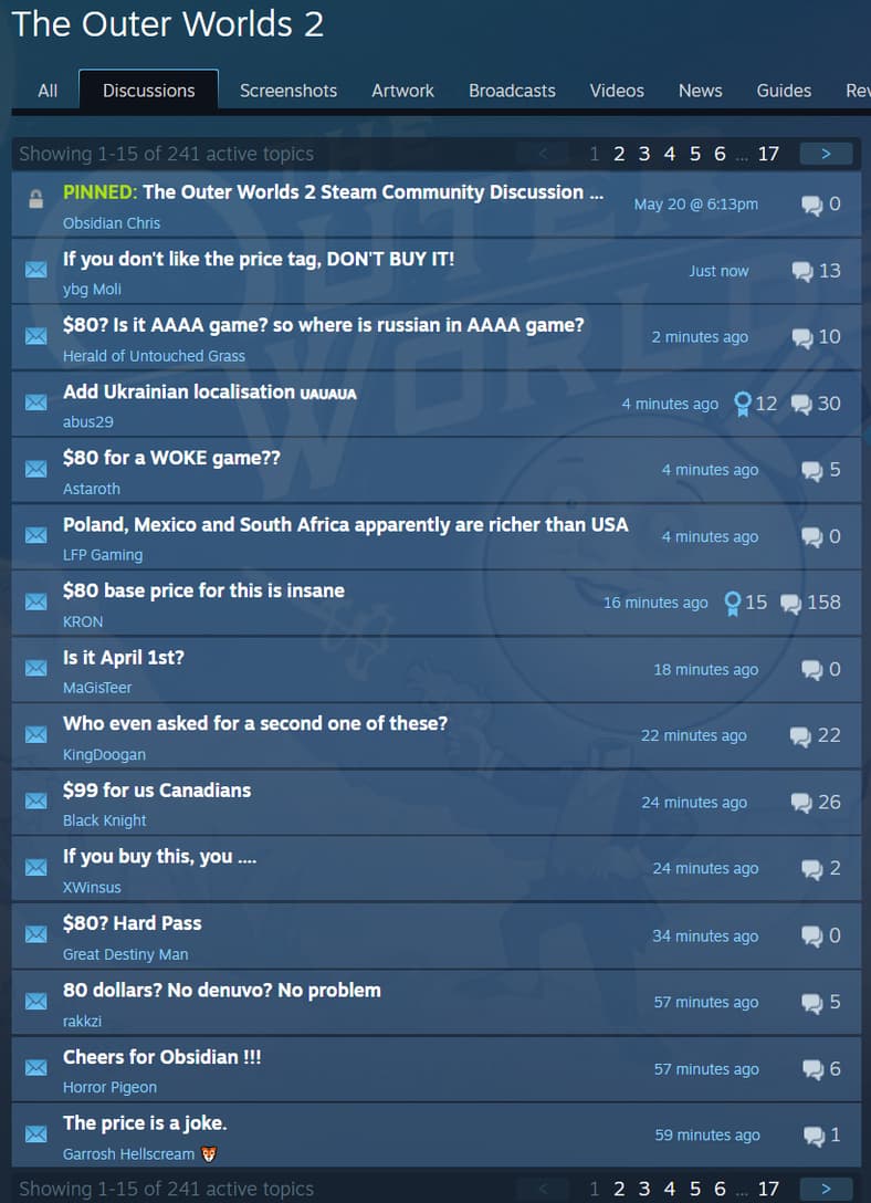 Steam Community forum threads for The Outer Worlds 2, discussing the game's price on Steam