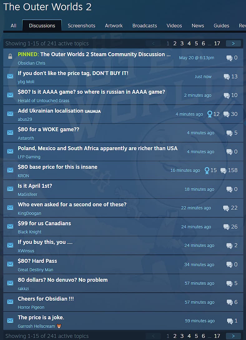 Steam Community forum threads for The Outer Worlds 2, discussing the game's price on Steam