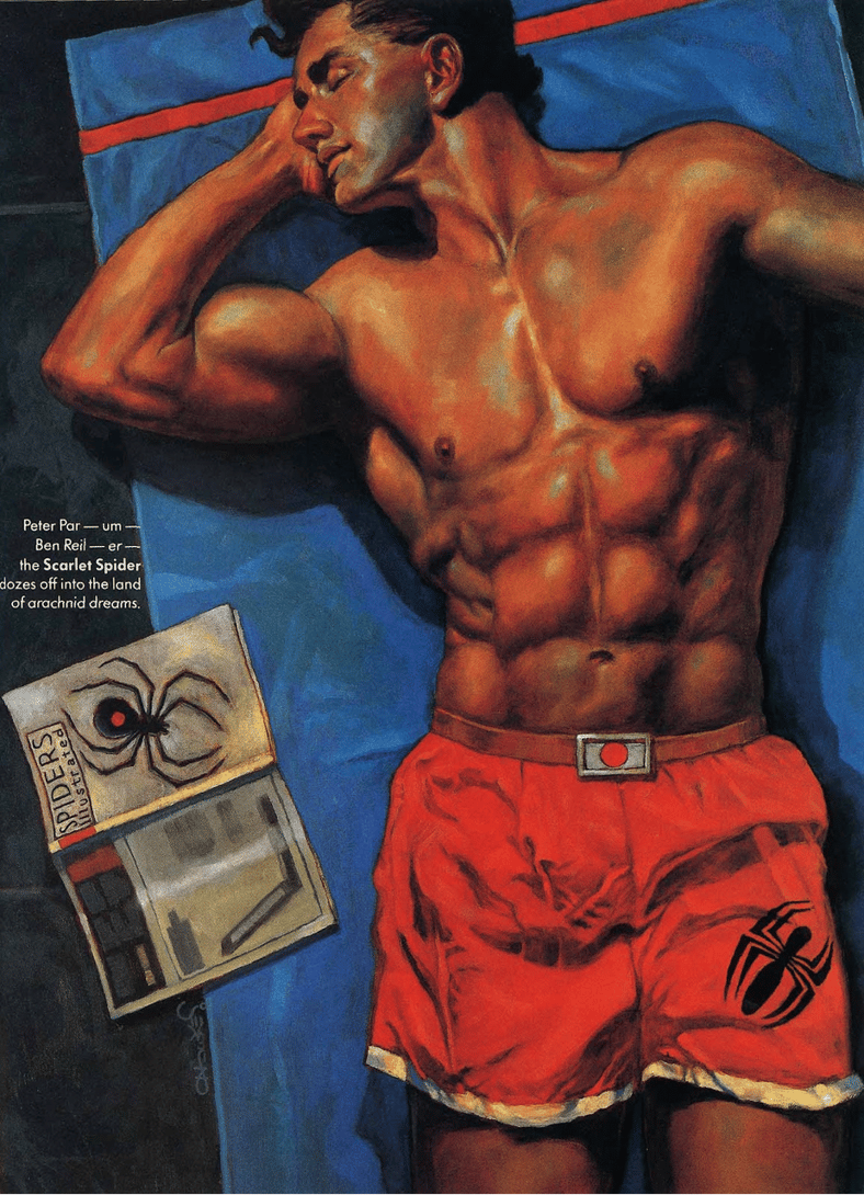 Ben Reilly takes in some sun in Marvel Swimsuit Special Vol. 1 #3 "Mad for Madripoor" (1995), Marvel Comics. Art by Christopher Hawkes.