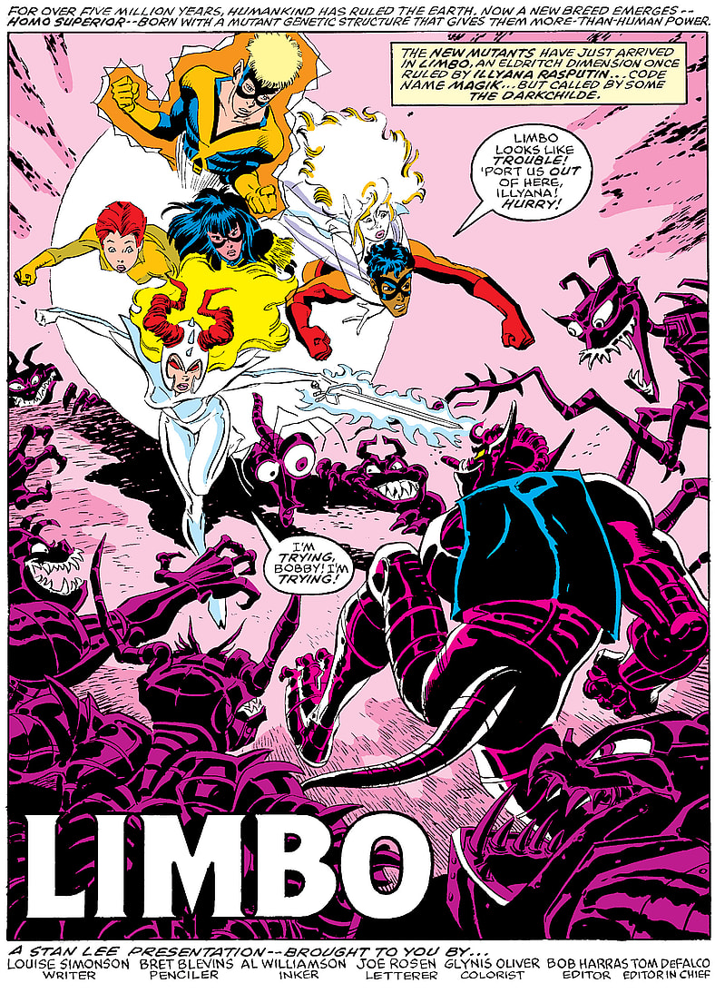 The team is shocked to find the residents of Limbo infected with the Techno-Organic virus in New Mutants Vol. 1 #71 "Limbo" (1988), Marvel Comics. Words by Louise Simonson, art by Bret Blevins, Al Williamson, Glynis Oliver, and Joe Rosen.