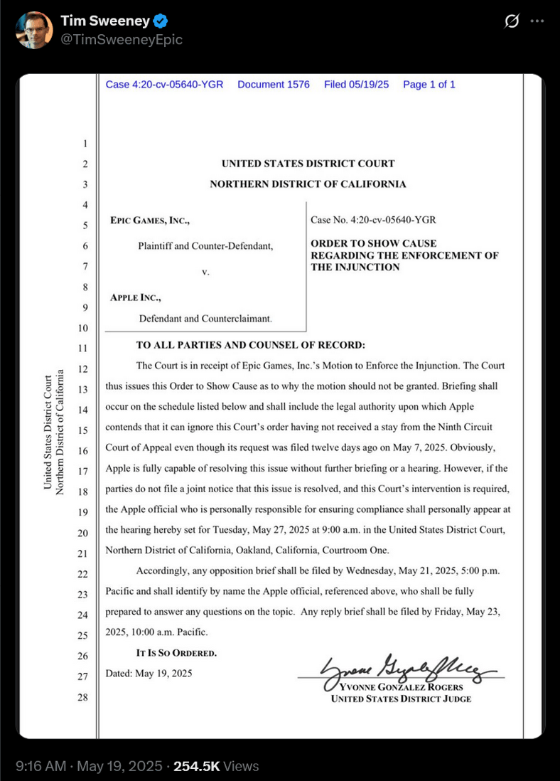 Tim Sweeney provides an update on the Apple vs. Epic Games lawsuit.