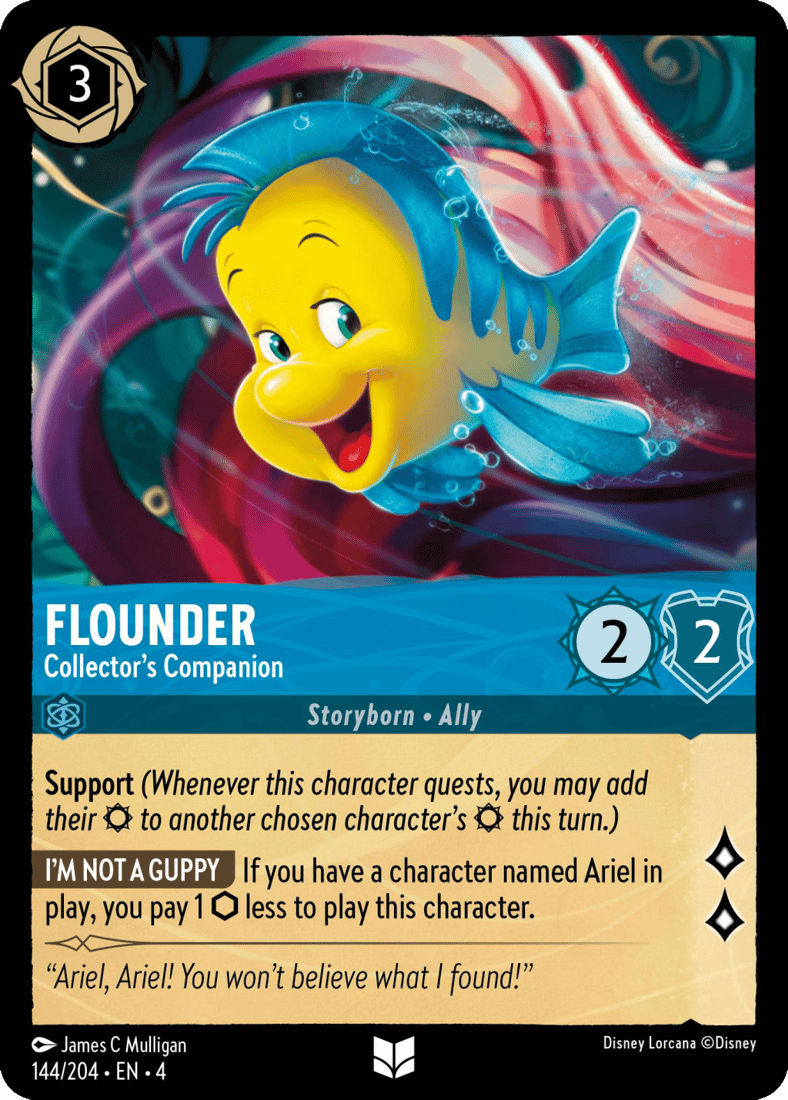 Ariel's best friend accompanies her for a swim via Flounder - Collector's Companion (Card #144), Disney Lorcana - Ursula's Return (2024), Ravensburger. Art by James C Mulligan.