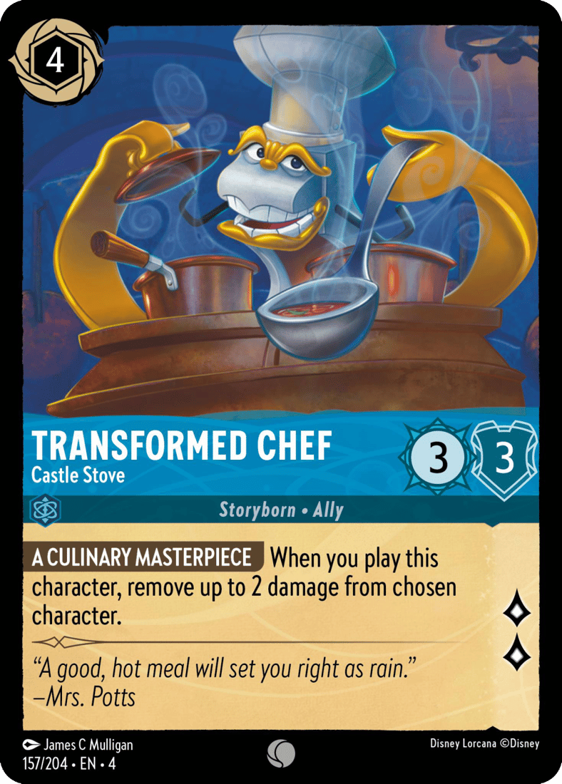 A member of Beast's staff serves up dinner via Transformed Chef - Castle Stove (Card #157), Disney Lorcana - Ursula's Return (2024), Ravensburger. Art by James C Mulligan.