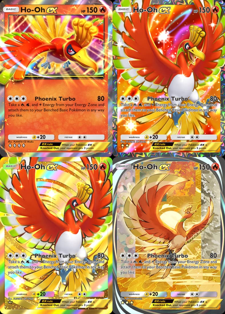 The Double Rare, Super Rare, Ultra Rare, and Immersive Prints for Ho-Oh EX (Card #034/#187/#210/#240), Pokémon Trading Card Game Pocket - Wisdom of Sea and Sky (2025), Nintendo. Art by PLANETA CG Works, SIE NANAHARA.