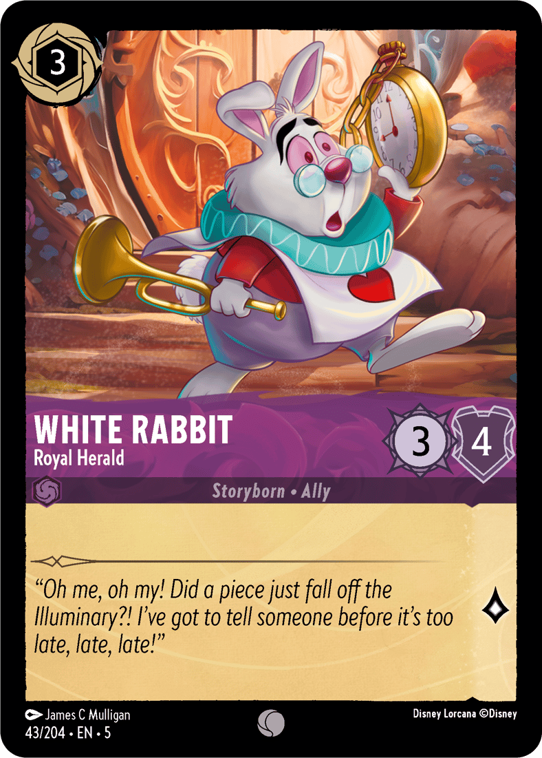 Someone's late for a very important date via (Card #157), Disney Lorcana - Shimmering Skies (2024), Ravensburger. Art by James C Mulligan.