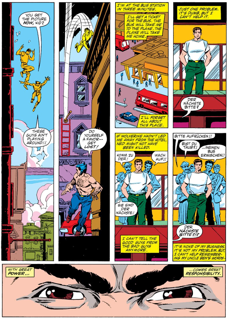 Uncle Ben's words inspire Peter Parker to help Wolverine, Spider-Man vs. Wolverine #1 (1986), Marvel