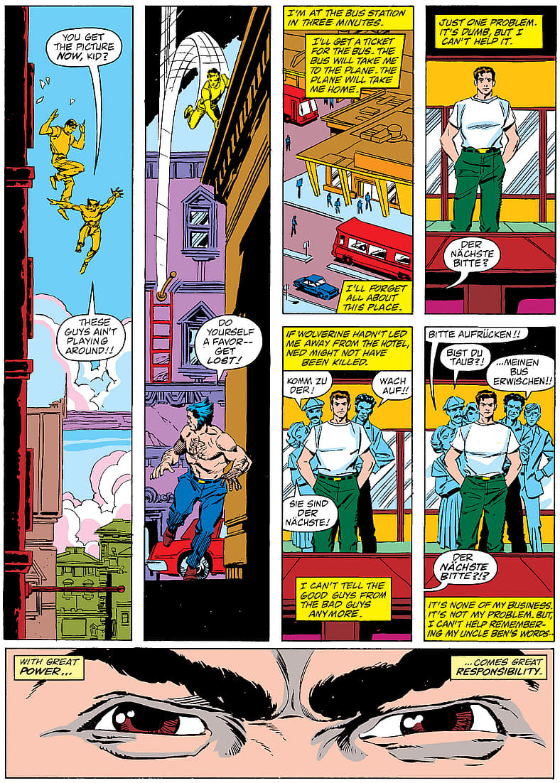 Uncle Ben's words inspire Peter Parker to help Wolverine, Spider-Man vs. Wolverine #1 (1986), Marvel