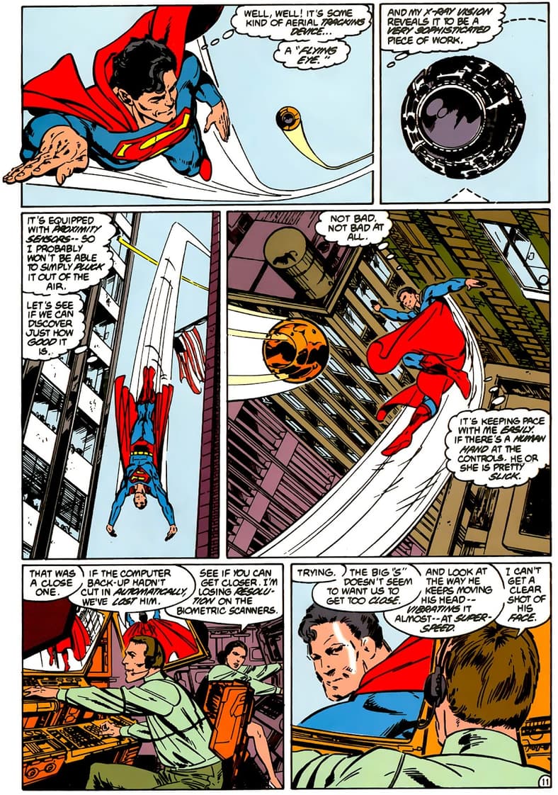 The Man of Steel avoids detection by Luthor's surveillance team in Superman Vol. 2 #2 "The Secret Revealed!" (1987), DC. Words by John Byrne, art by John Byrne, Terry Austin, Keith Williams, Tom Ziuko, and John Costanza.