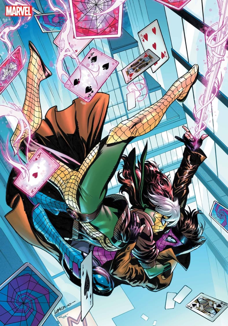 Rogue and Gambit add web-slinging to their arsenal on Ema Lupacchino's variant cover to Rogue and Gambig Vol. 2 #3 "Broken Promises and Broken Bones!" (2018), Marvel Comics