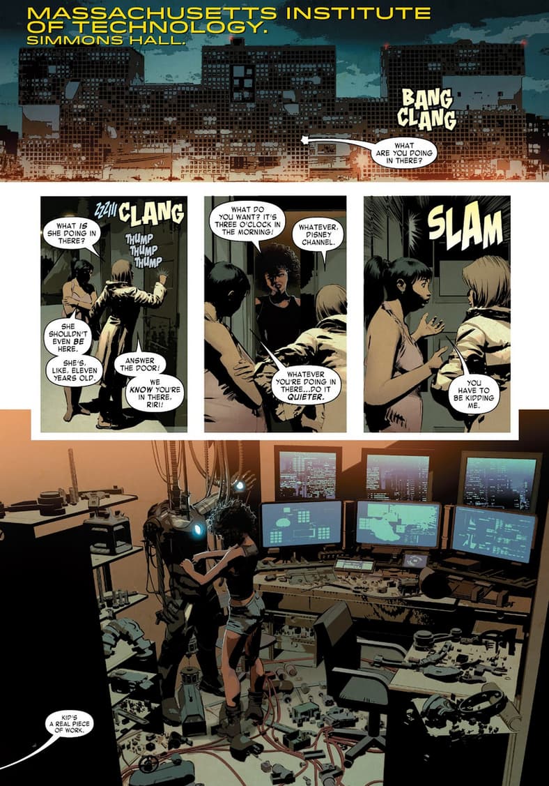 Riri Williams makes her debut in Invincible Iron Man Vol. 3 #7 (2016), Marvel Comics. Words by Brian Michael Bendis, art by Mike Deodato Jr., Frank Martin Jr., and Clayton Cowles.
