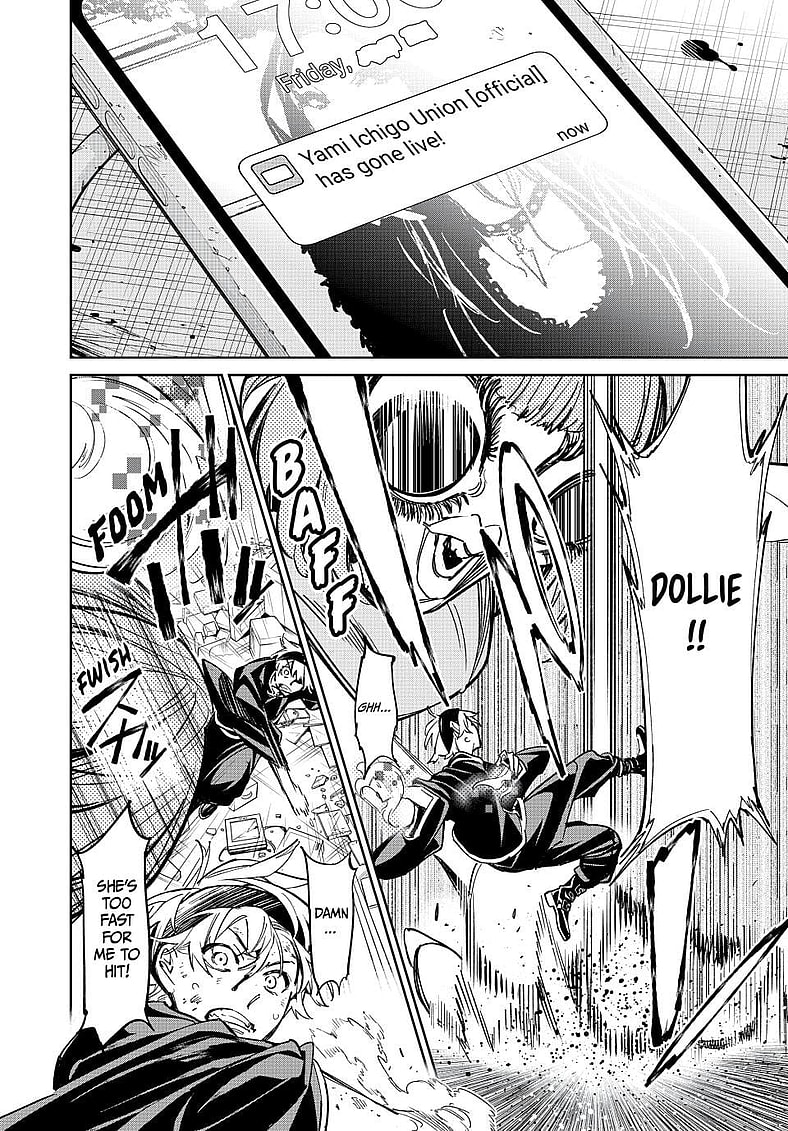 Kirika-chan launches assault on Soji Enishiro in Dead Account Chapter 6 "The Terrible Trio" (2023), Kodansha. Words and Art by Shizumu Watanabe via digital issue 