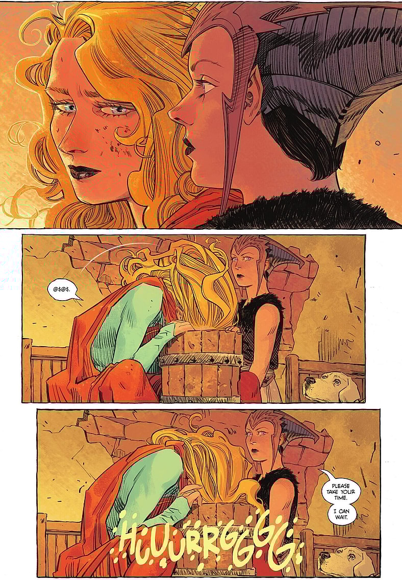 Supergirl wakes up with a nasty hangover in Supergirl: Woman of Tomorrow Vol. 1 #1 "Chapter One: Men, Women, and Dogs" (2021), DC. Words by Tom King, art by Bilquis Evely, Mat Lopes, and Clayton Cowles.