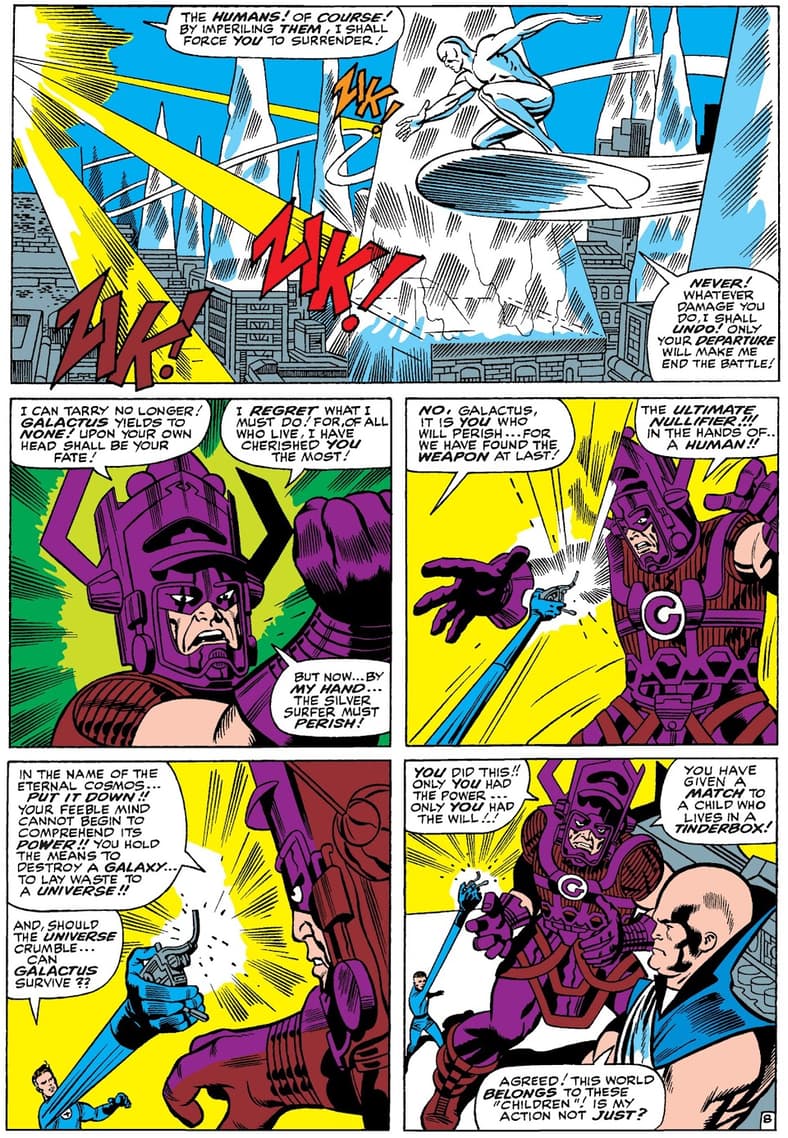 Mr. Fantastic threatens Galactus with the Ultimate Nullifer in Fantastic Four Vol. 1 #50 "The Startling Saga of the Silver Surfer!" (1966), Marvel Comics. Words by Stan Lee, art by Jack Kirby, Joe Sinnot, Stan Goldberg, and Sam Rosen.