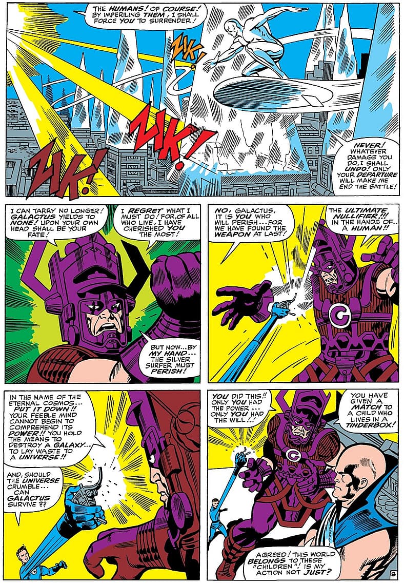 Mr. Fantastic threatens Galactus with the Ultimate Nullifier in Fantastic Four Vol. 1 #50 "The