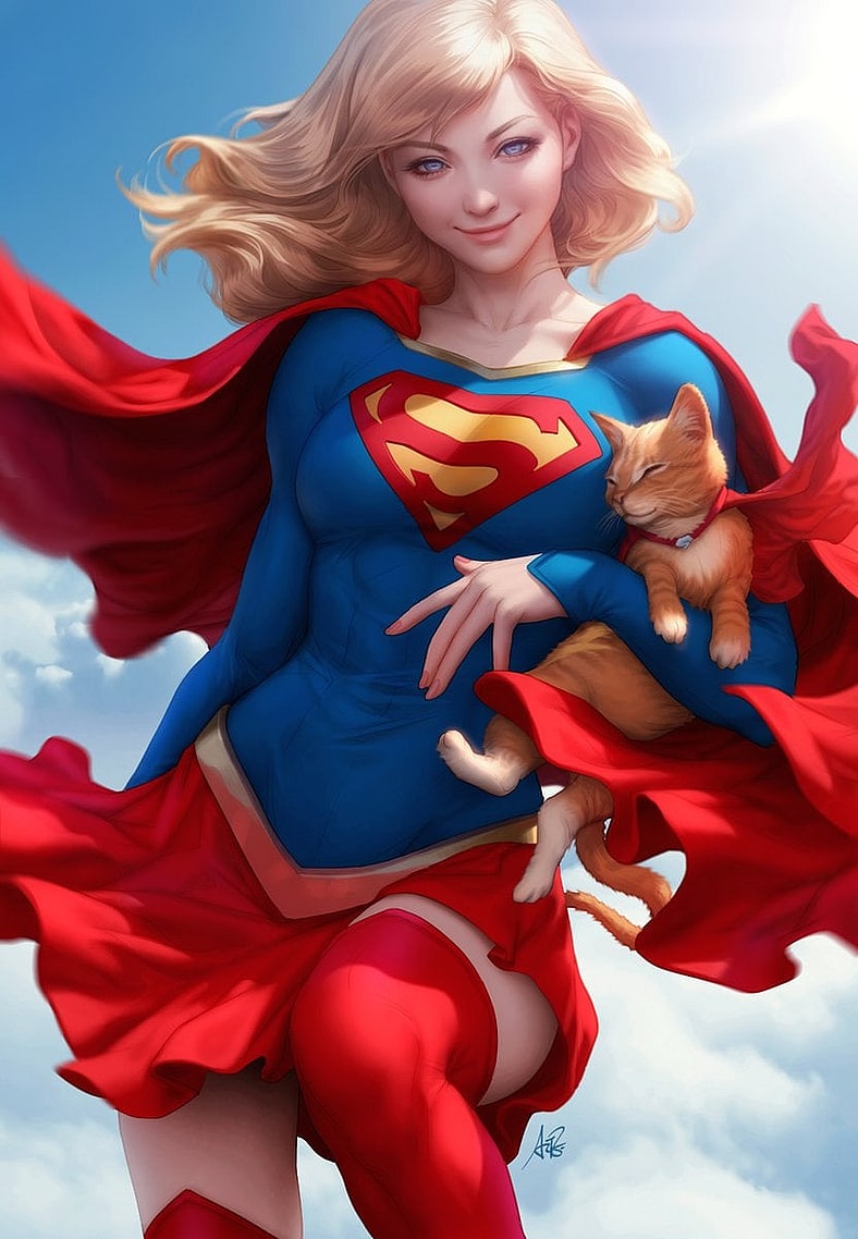 Kara Zor-El spends some time with Streaky on Stanley "Artgerm" Lau's cover to Supergirl Vol. 7 #26 "Secrets and Lies" (2019), DC Comics