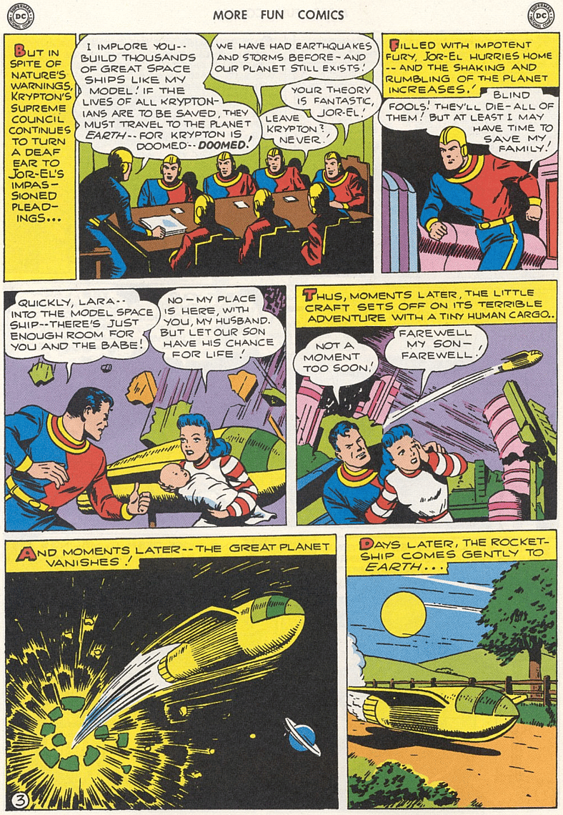 Jor-El and Lara Lor-Van send a baby Kal-El away from Krypton's destruction in More Fun Comics Vol. 1 #101 "The Origin of Superboy" (1945), DC. Words by Jerry Siegel, art by Joe Shuster.