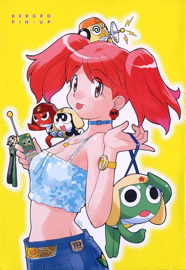 Natsumi Hinata out with Giroro, Tanama, Kururu, and Keroro on Mine Yoshizaki's pin-up, Keroro Gunso
