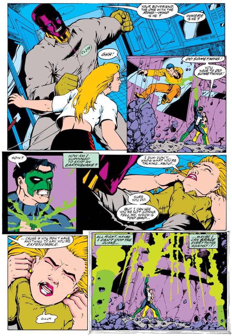 Major Force ambushes Alex DeWitt for information about Kyle Rayner in Green Lantern Vol. 3 #54 "Forced Entry" (1994), DC. Words by Ron Marz, art by Steve Carr, Derec Donovan, Darryl Banks, Romeo Tanghal, Steve Mattson, and Albert DeGuzman.