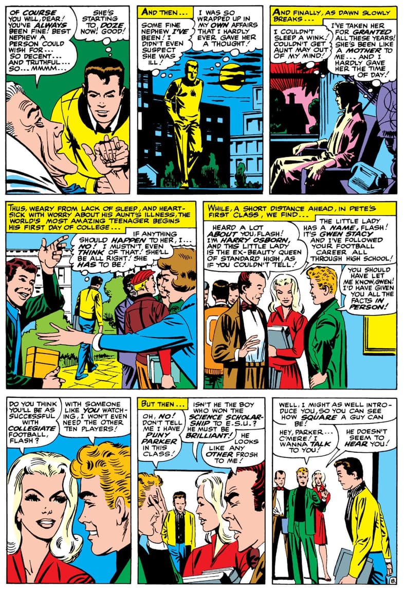 Gwen Stacy makes her pop culture debut in Amazing Spider-Man Vol. 1 #31 "If This Be My Destiny...!" (1965), Marvel Comics. Words by Stan Lee, art by Steve Ditko and Sam Rosen.