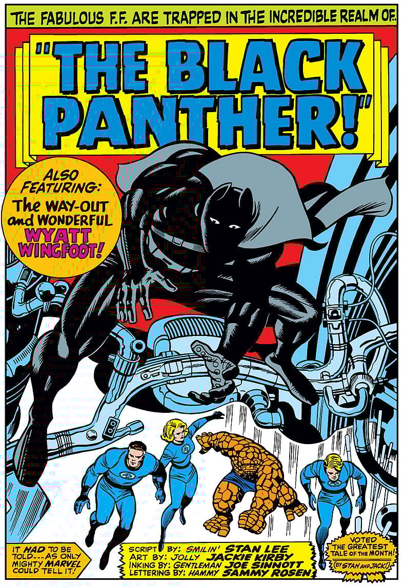 The Black Panther makes his debut in Fantastic Four Vol. 1 #52 "The Black Panther!" (1966), Marvel Comics. Words by Stan Lee and Jack Kirby, art by Jack Kirby, Joe Sinnott, and Stan Goldberg.
