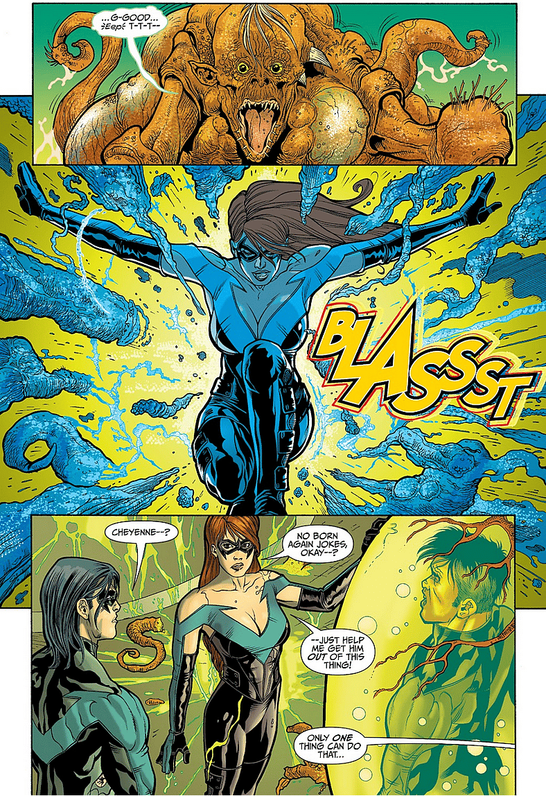Cheynne Freemont uses her powers blast forth from inside Jakob in Nightwing Vol. 2 #122 "Odd Couples" (2006), DC. Words by Bruce Jones, art by Paco Diaz, BIT, Guy Major, and Phil Balsman.