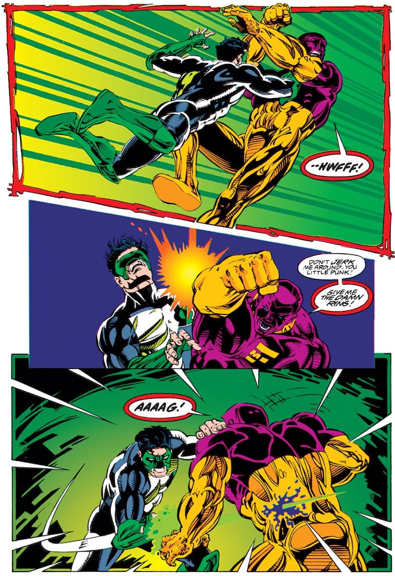 The death of Alex DeWitt prompts Kyle Rayner to unload on Major Force in Green Lantern Vol. 3 #54 "Forced Entry" (1994), DC. Words by Ron Marz, art by Steve Carr, Derec Donovan, Darryl Banks, Romeo Tanghal, Steve Mattson, and Albert DeGuzman.