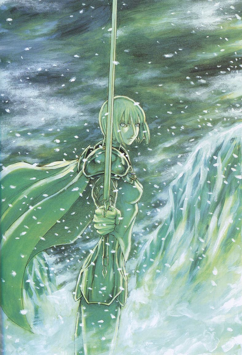 Clare draws her sword in Claymore 'Memorabilia' art book (2010), Shueisha. Art by Norihiro Yagi.