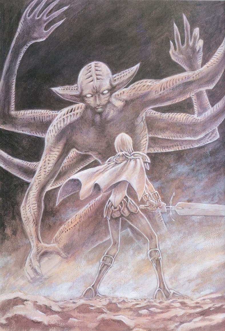 Clare takes on a Yoma in Claymore Memorabilia (2010), Shueisha