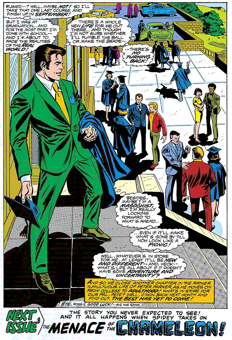 Peter Parker looks to his post-ESU future in Amazing Spider-Man Vol. 1 "The Graduation of Peter Parker!" (1978), Marvel Comics. Words by Marv Wolfman, art by Ross Andru, Mike Esposito, Michele Wolfman, and John Costanza.