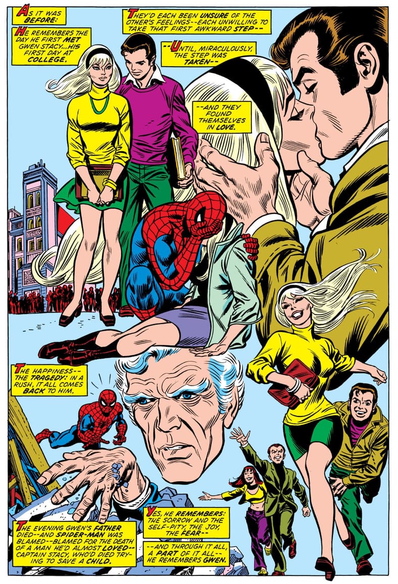 Peter Parker cradles the lifeless body of Gwen Stacy in Amazing Spider-Man Vol. 1 #122 "The Goblin's Last Stand!" (1973), Marvel Comics. Words by Gerry Conway, art by Gil Kane, John Romita Sr., Tony Mortellaro, Dave Hunt, and Artie Simek.
