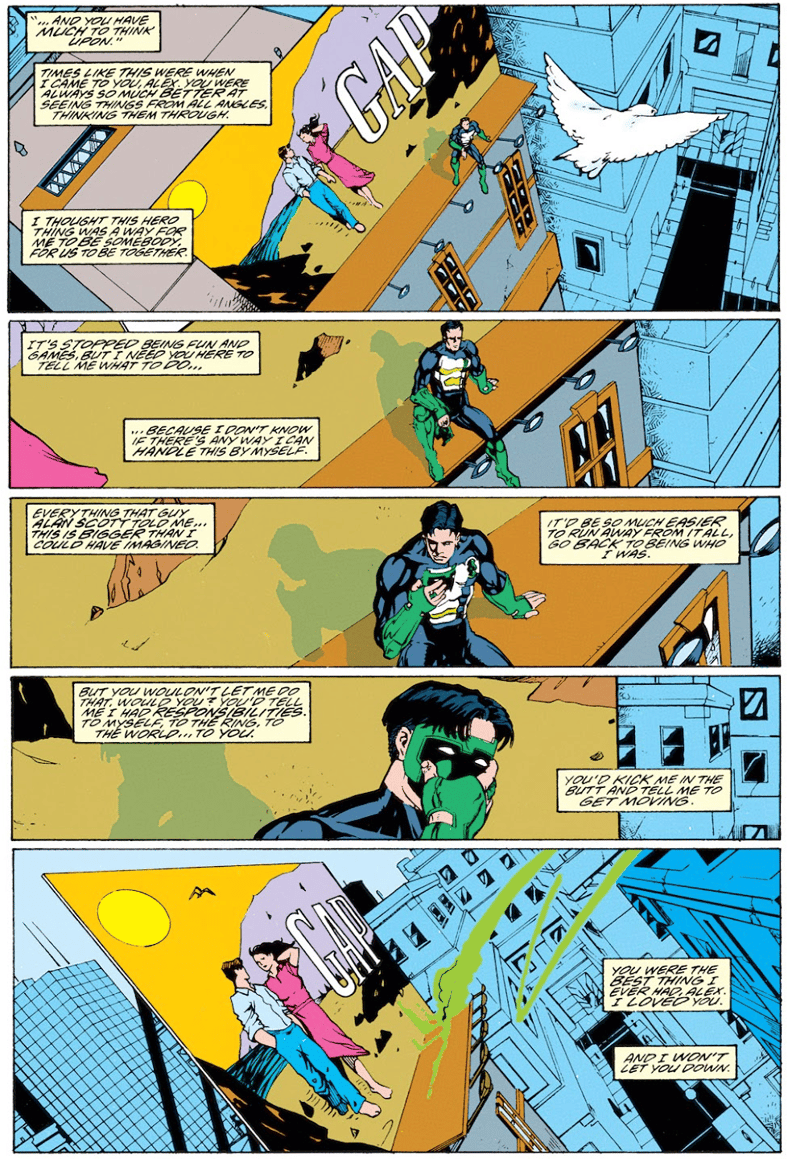 Kyle Rayner says good-bye to Alex DeWitt in Green Lantern Vol. 3 #55 "Assault & Battery" (1994), DC. Words by Ron Marz, art by Darryl Banks, Derec Donovan, Craig Hamilton, Romeo Tanghal, Steve Mattson, and Albert DeGuzman.