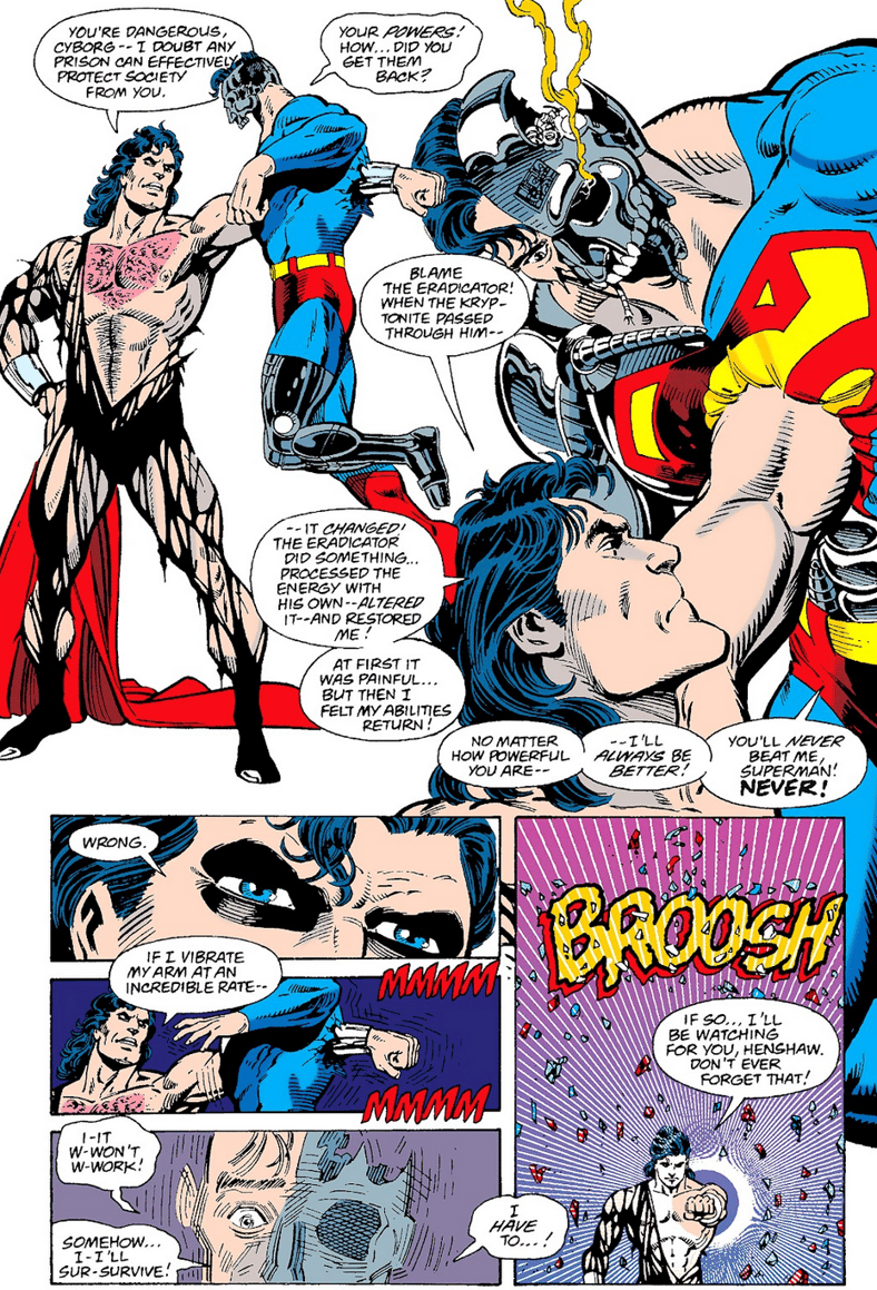 The Man of Steel puts a seeming end to his Cyborg shadow in Superman Vol. 2 #82 "Back for Good!" (1993), DC. Words by Dan Jurgens, art by Brett Breeding, Glenn Whitmore, and John Costanza.