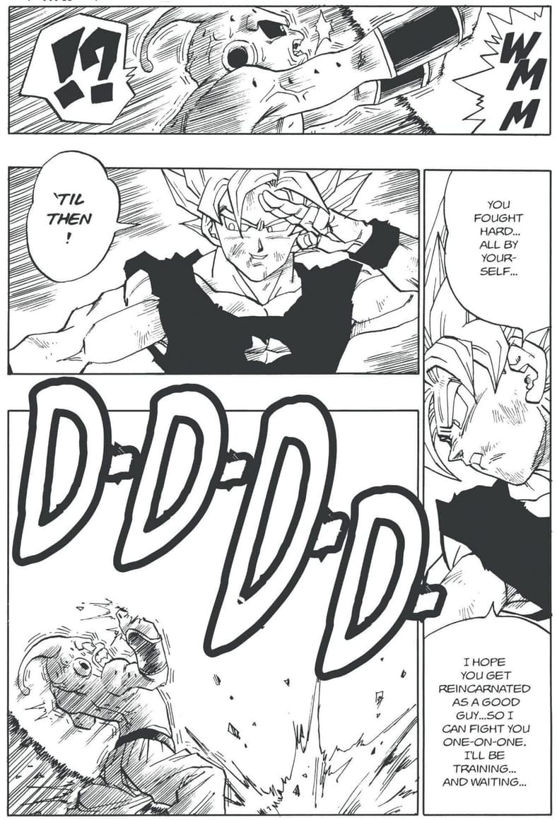 Goku puts an end to Majin Buu in Dragon Ball Chapter 322 "Battle's End!" (1995), Shueisha. Words and art by Akira Toriyama.