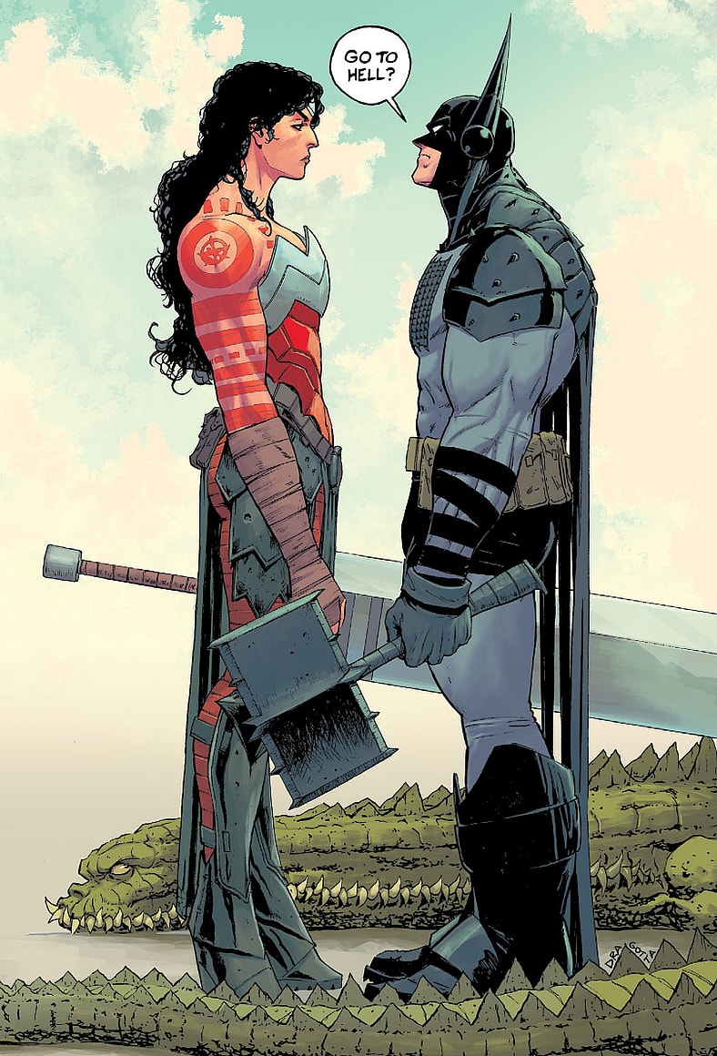 Diana is unimpressed with Bruce's bravado on Nick Dragotta's cover to Absolute Batman Vol. 1 #16 (2026), DC